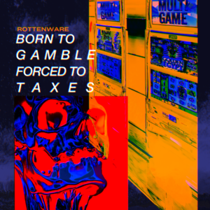 una grafica colorata di rosso e giallo che rappresenta uno scheletro rivolto verso delle slot machine dorate.